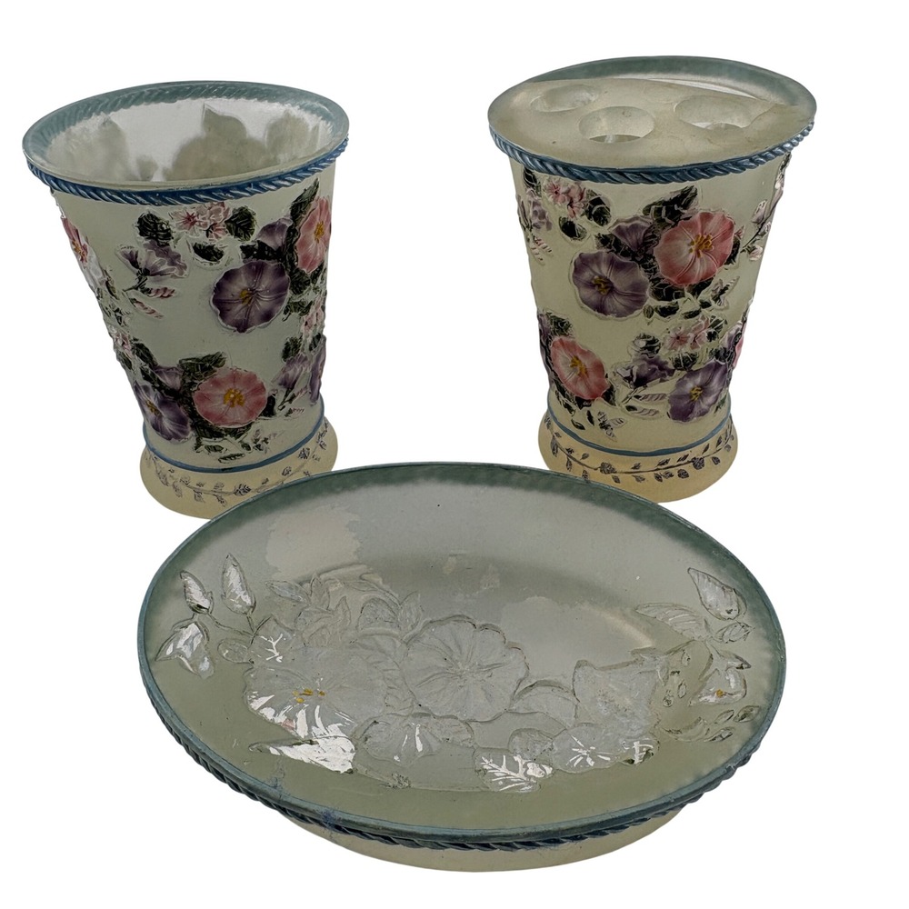 Vtg 80s Ceramic Floral Bathroom Vanity Set Toothbrush Holder Soap Dish Blue 3pc